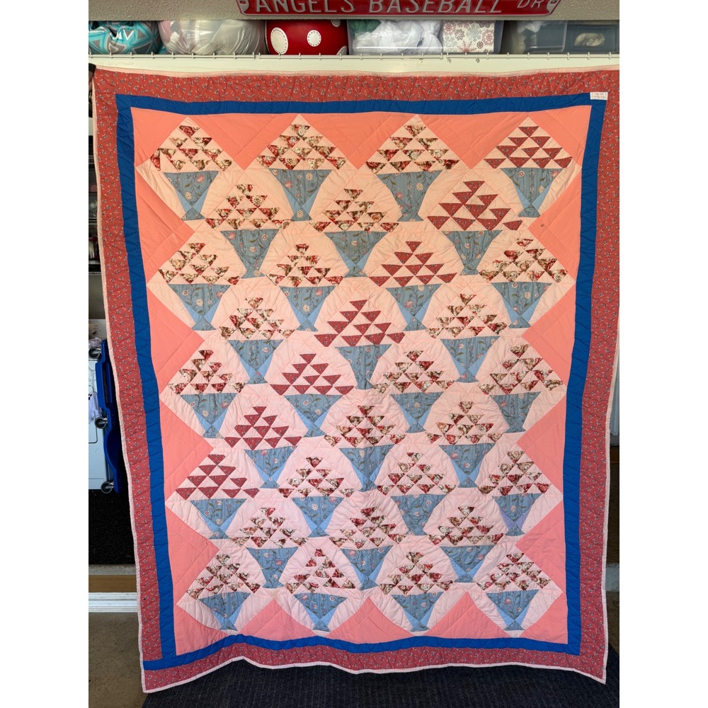 Handmade Vintage Basket Patchwork Quilt Peach Blue Floral 80x66 Helen Teisher